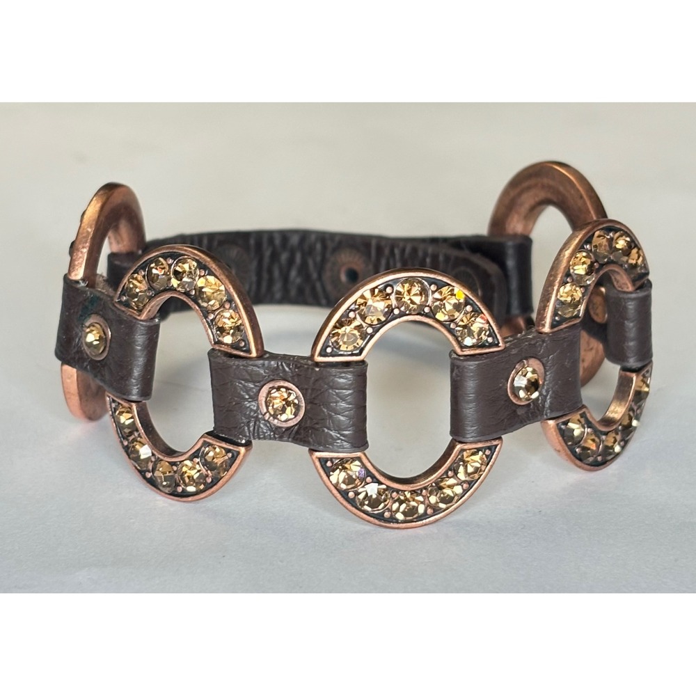 Brown Leather Copper Tone Crystal Link Cuff Bracelet Snap Closure Adjustable 9in